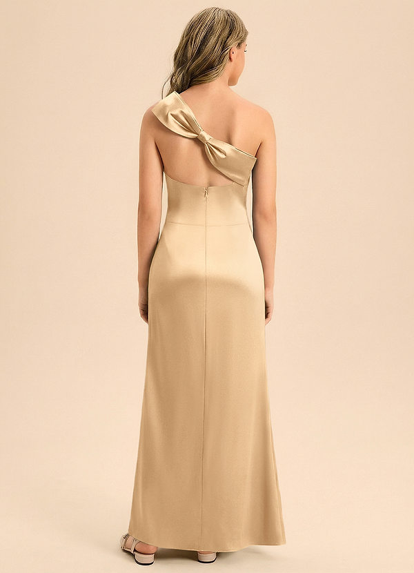 Azazie Eulalie Junior Abito Sirena in Raso Elasticizzato Fiocco Oro image1