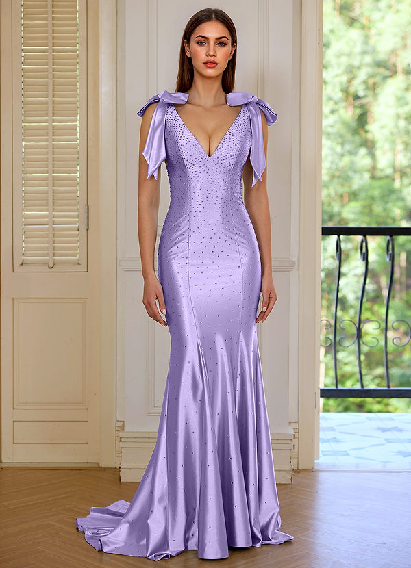 Arabella Lila Prickig Rosett V-ringad Satin Sjöjungfrubalklänning image1