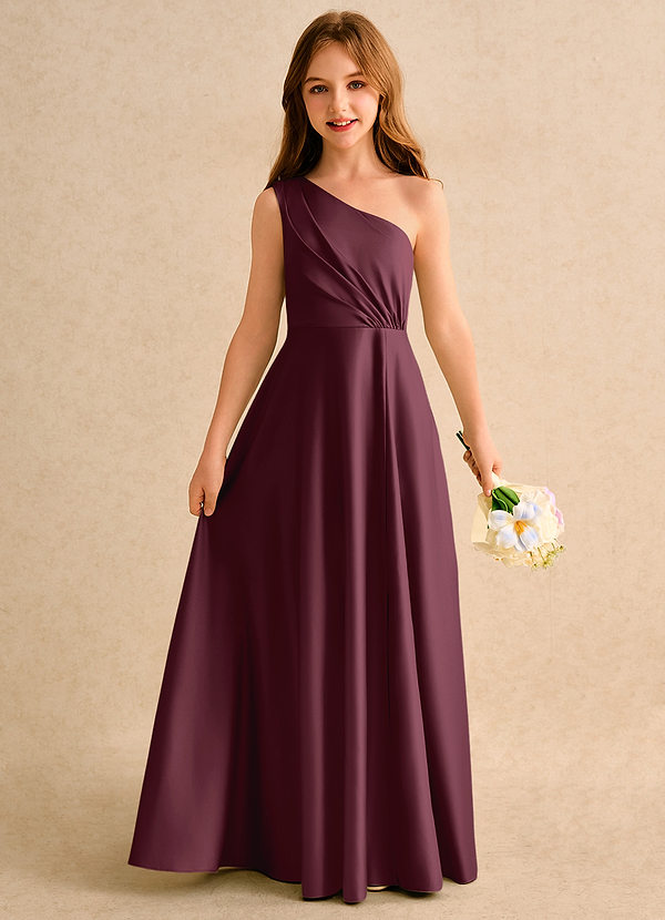 Azazie Puddles Girls Formal Bloemenmeisjes Jurken A-Lijn Jurk van Mat Satijn One-Shoulder Cabernet image1
