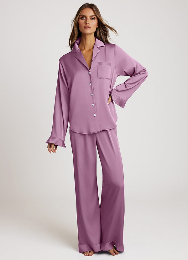 front Wisteria Ruffled Satin Long Sleeve Pajama Set