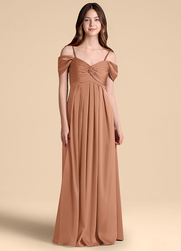 Azazie Kaitlynn Junior Abito A-Line in Raso Elasticizzato a Spalla Scoperta Bronzo image1