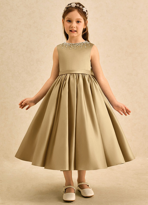Azazie Doodle Flower Girl Dresses Gold Ball-Gown Bow Matte Satin Dress image1