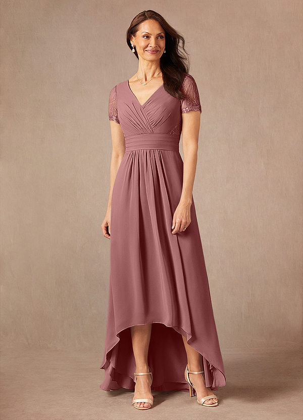 Azazie Polly Mother of the Bride Dresses Vestido Rosa Do Deserto de Chiffon de Linha A com Renda image1