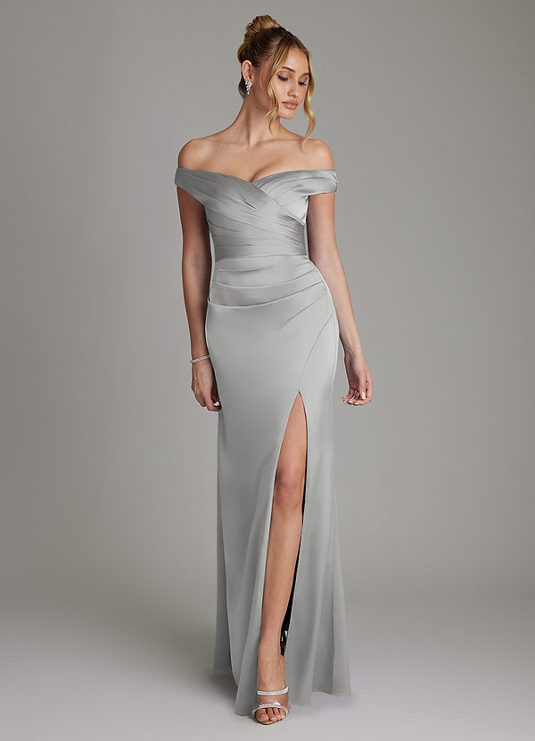 Azazie Teyana Bridesmaid Dresses Silver Sheath Off the Shoulder Stretch Satin Dress image1