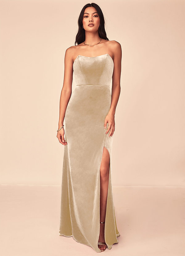 Azazie Nereda Bridesmaid Dresses Champagne A-Line Strapless Velvet Convertible Dress image1