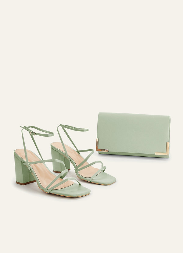 front Matching Color Matte Satin Ankle Strap Block Heel Sandals & Envelope Clutch Set