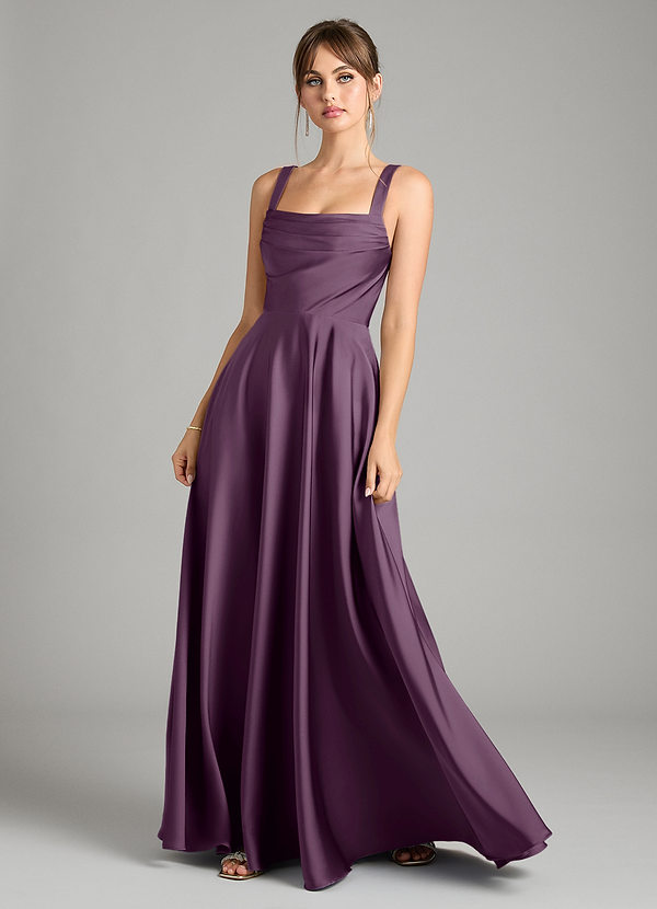 Azazie Shaude Bridesmaid Dresses Plum A-Line Pleated Stretch Satin Dress image1