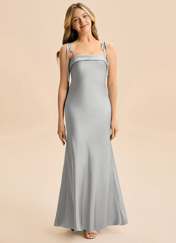 Azazie Willa Junior Silver A-Line Bow Stretch Satin Dress image1