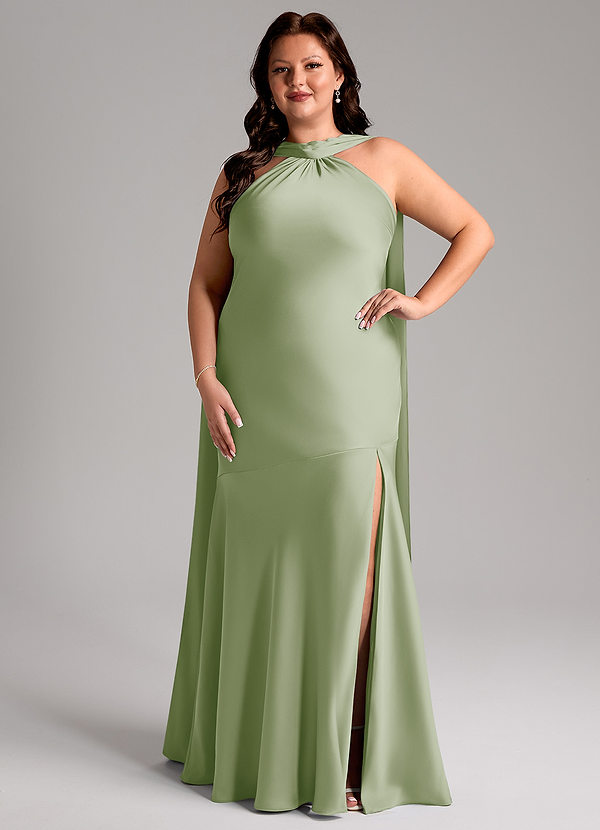 Azazie Kinsley Bridesmaid Dresses Dusty Sage Mermaid Side Slit Stretch Satin Dress image1
