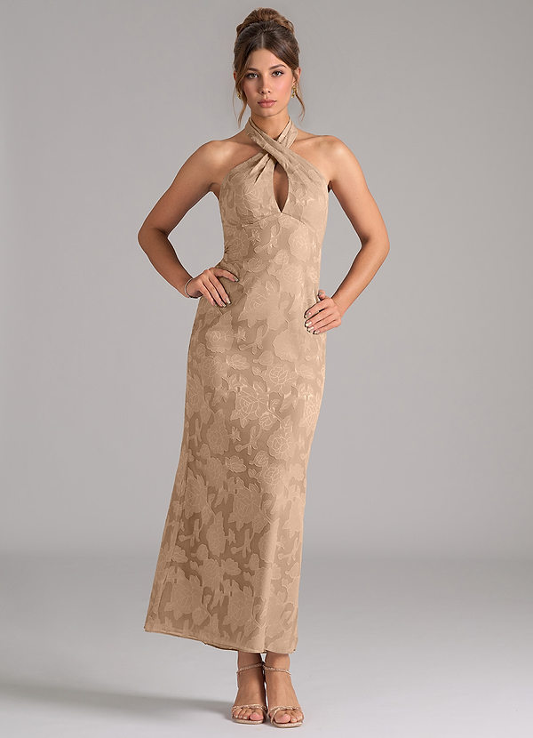 Azazie Marlissa Bridesmaid Dresses Champagne Sheath Pleated Floral Burnout Dress image1