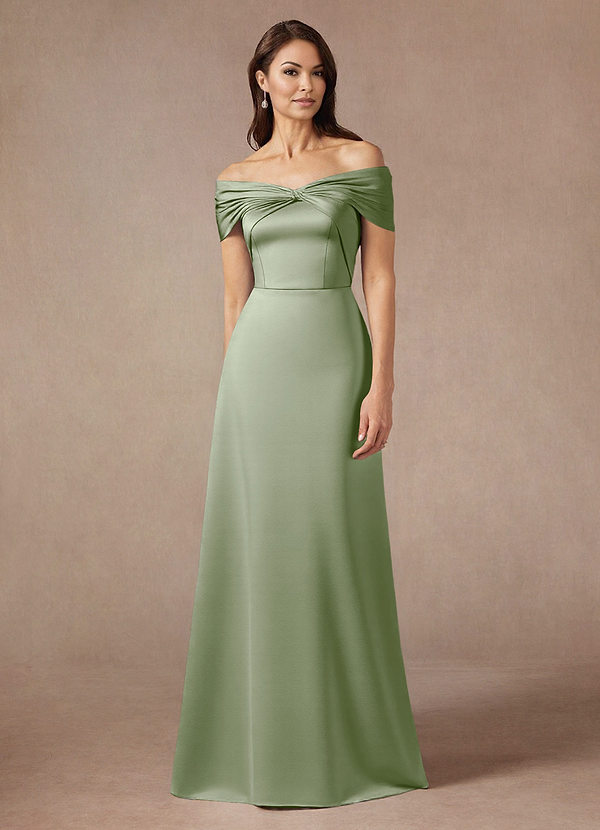 Azazie Amelia Brautmutterkleider A-Linie Schulterfrei Stretch-Satin Kleid Staubiger Salbeigrün image1