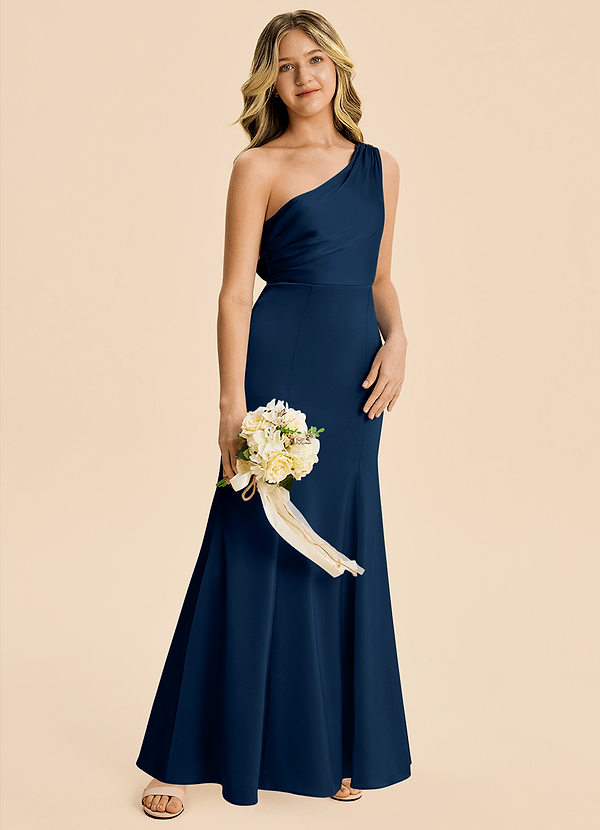 Azazie Ren Junior Robe Trapèze en Satin extensible Plissée Bleu Marine Foncé image1