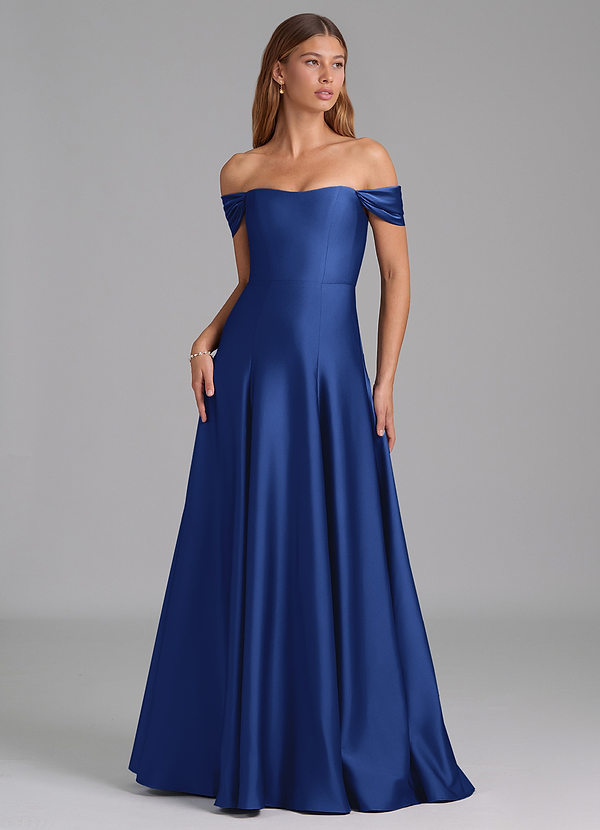 Azazie Seriana 신부 들러리 드레스 A라인 오프 더 숄더 스트레치 새틴 바닥 길이 드레스 image1