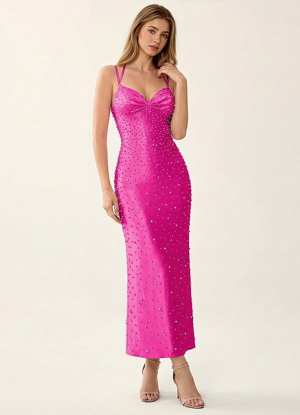Annika Fuchsia Stretch Satin V-neck Beading Corset Maxi Dress image1