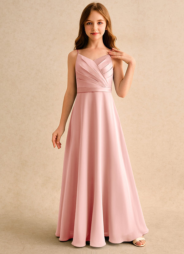 Azazie Umina Girls Formal Bloemenmeisjes Jurken A-Lijn Jurk van Mat Satijn Geplooid Rozet image1