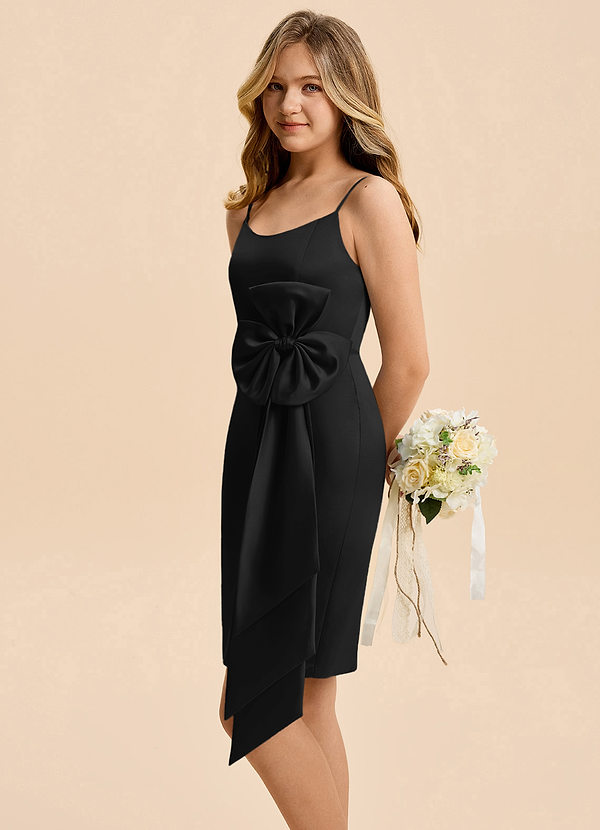 Azazie Nellie Junior Black A-Line Bow Matte Satin Dress image1