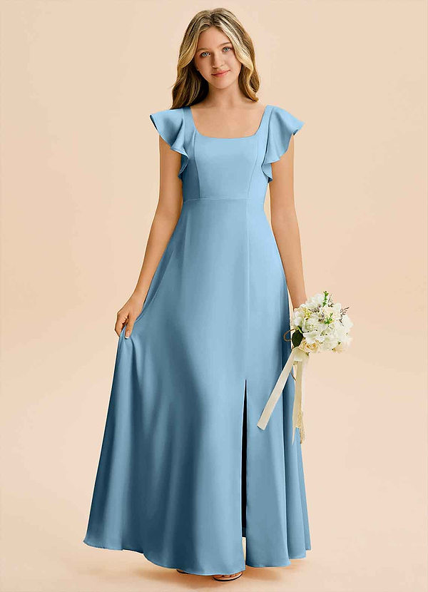 Azazie Bondi Junior Steel Blue A-Line Side Slit Stretch Satin Dress image1