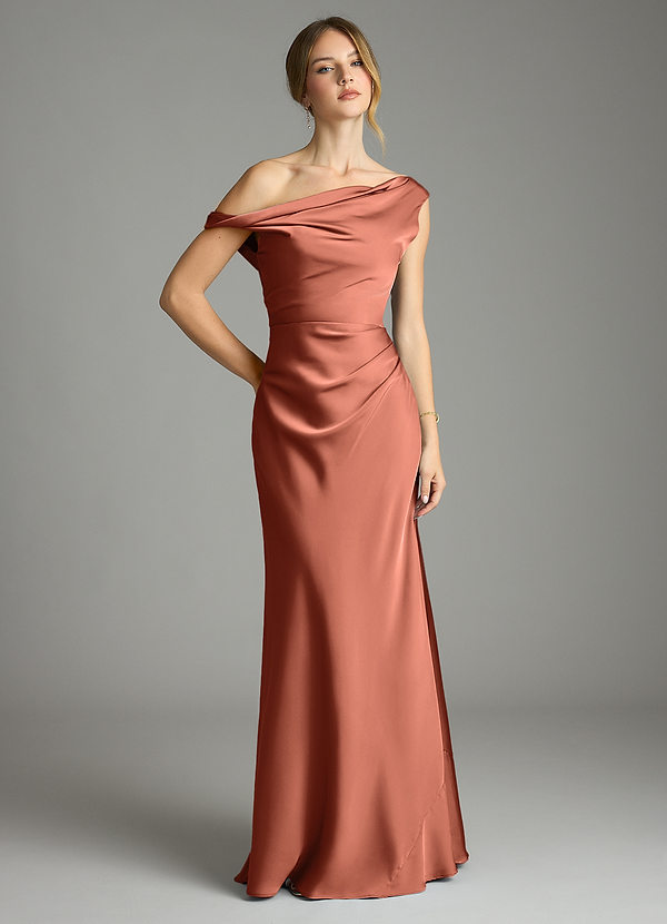 Azazie Emerson Bridesmaid Dresses Clay Mermaid Off the Shoulder Stretch Satin Dress image1