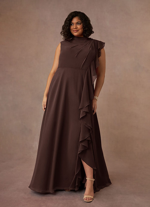 Azazie Narine Moeder van de Bruid Jurken A-Lijn Jurk van Chiffon Hoge Hals Geplooid Ganache image1