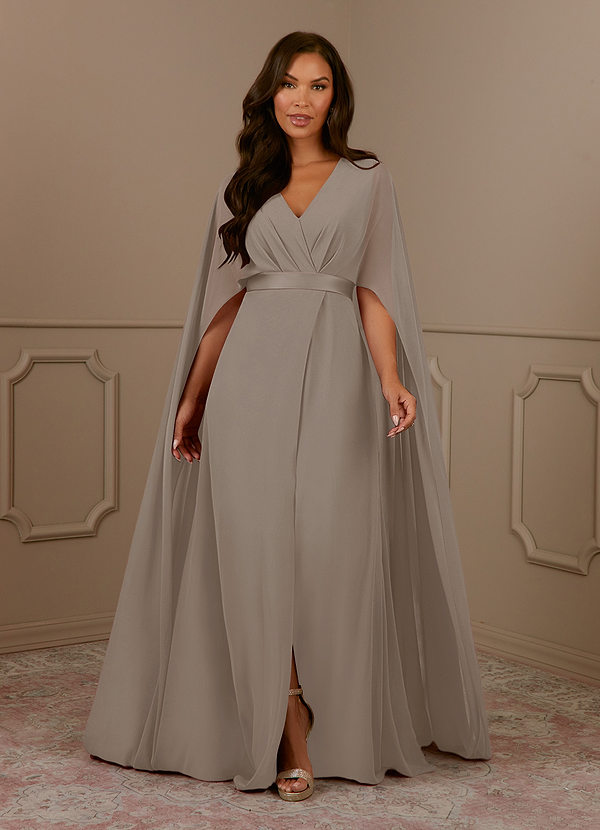 Azazie Isa Mother of the Brides Dresses Taupe A-Line V-Neck Pleated Chiffon Dress image1