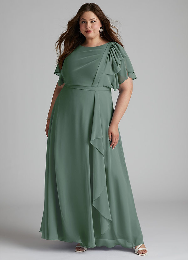 Azazie Aaliyah Schlichte Brautjungfernkleider A-Linie Schaufel Gefaltet Chiffon Bodenlänge Kleid image1