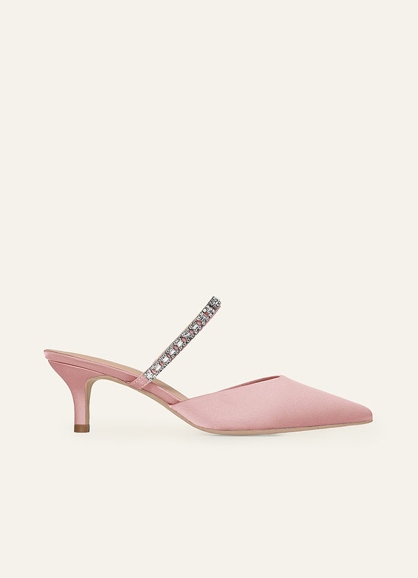 front Scarpe con tacco a gattino slip-on in raso elasticizzato con strass in tinta
