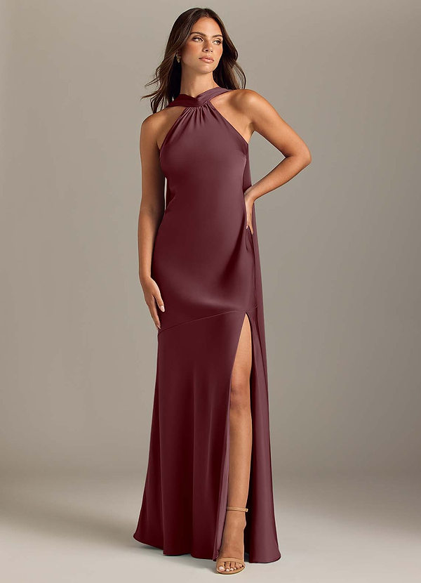 Azazie Kinsley Bridesmaid Dresses Sangria Mermaid Side Slit Stretch Satin Dress image1