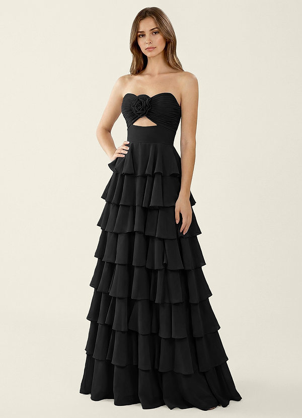 Serafina Black Chiffon Ruffled A-line Prom Dress image1