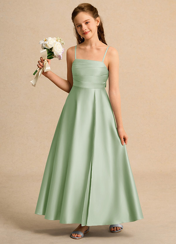 Azazie Pebbles Junior Formal Vestidos de Niña de Flores Vestido de Salvia Polvorienta de Satin Mate de Corte En A con Plisado image1