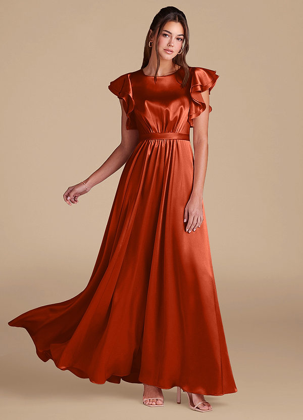 Azazie Daphne Modest Bridesmaid Dresses A-Line Ruched Metallic Satin Floor-Length Dress image1