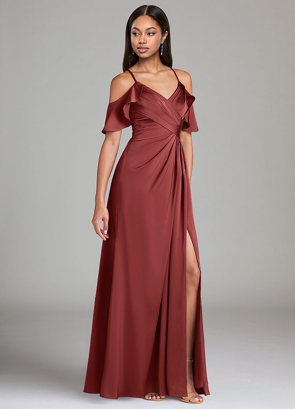 Azazie Dakota Bridesmaid Dresses Terracotta A-Line Off the Shoulder Stretch Satin Dress image1