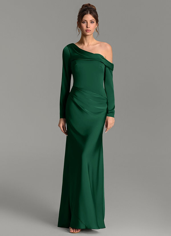 Azazie Sandra Robes de demoiselle d'honneur Robe Sirène en Satin extensible Manches longues Vert Foncé image1