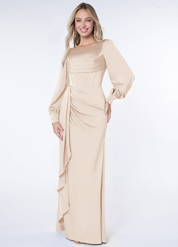 Azazie Raye Bridesmaid Dresses White Alabaster Mermaid Long Sleeve Stretch Satin Dress image1