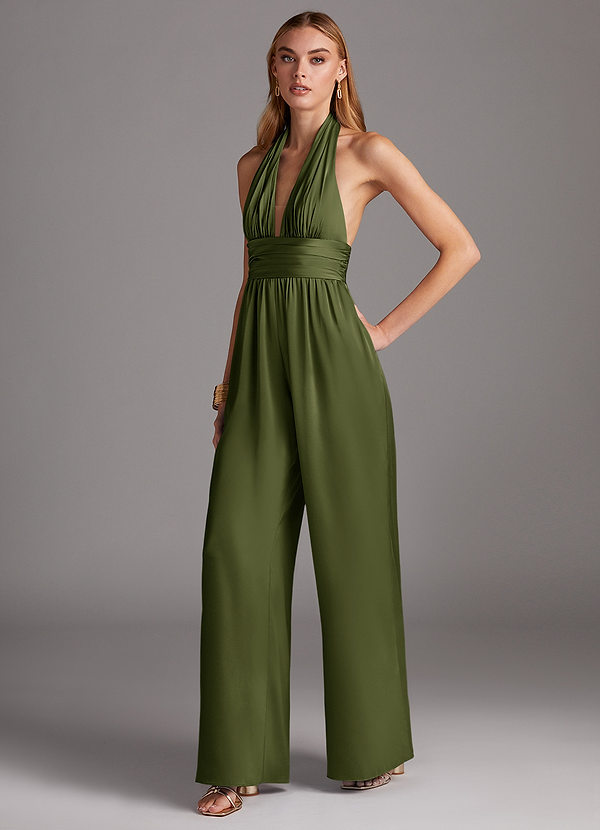 Azazie Oli Bridesmaid Dresses Olive Pleated Stretch Satin Jumpsuit image1