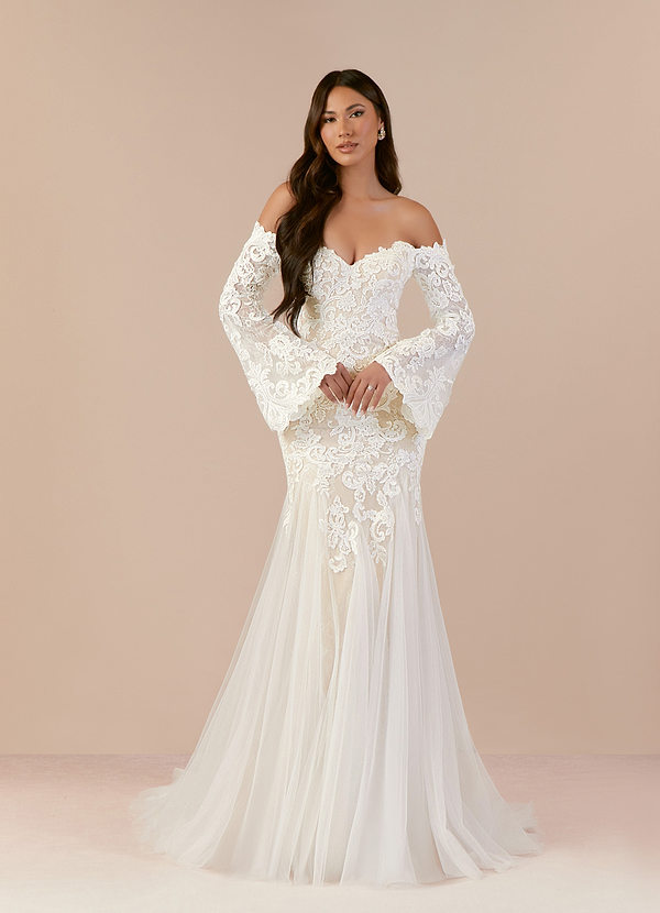 Azazie Arlette Wedding Dresses Diamond White Champagne Mermaid Sweetheart Sequins Tulle Dress image1