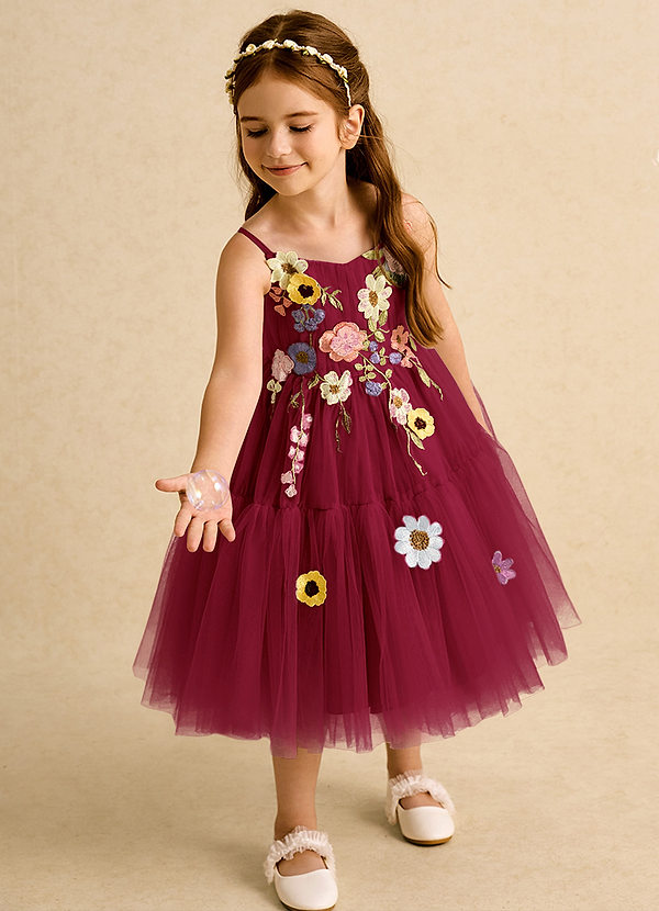Azazie Osea Flower Girl Dresses Burgundy Ball-Gown Pleated Tulle Dress image1