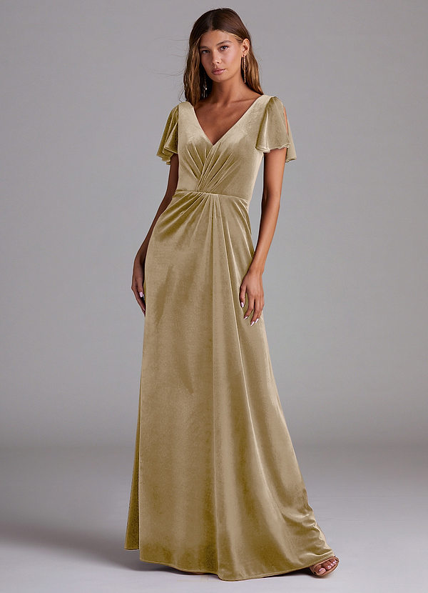 Azazie Soren Bridesmaid Dresses Golden Tan A-Line Velvet Dress image1