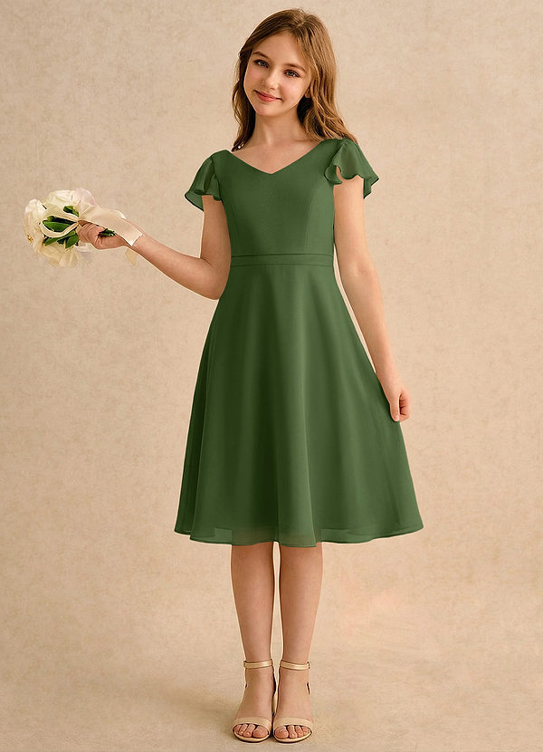 Azazie Narin Girls Formal Sukienki dla dziewczynek sypiących kwiaty Linia A z rękawami Szyfon Długość do kolan Sukienka image1