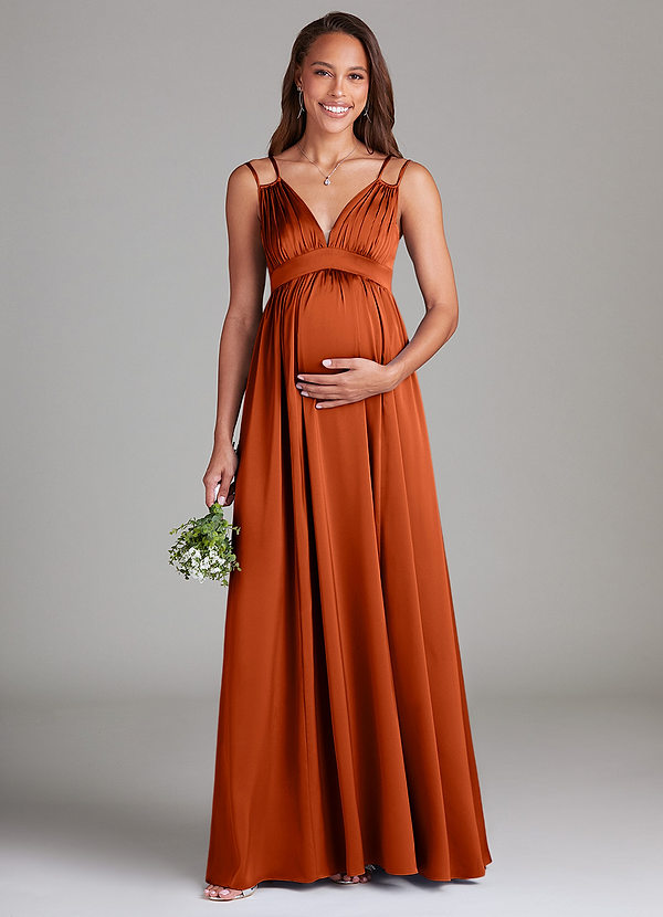 Azazie Emree Gravid brudtärna Klänningar Klänning A-Linje med fickor Golvlängd Stretch Satin image1