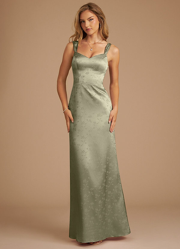 Azazie Denice Bridesmaid Dresses Olive Floral Jacquard Sheath Pleated Floral Jacquard Dress image1