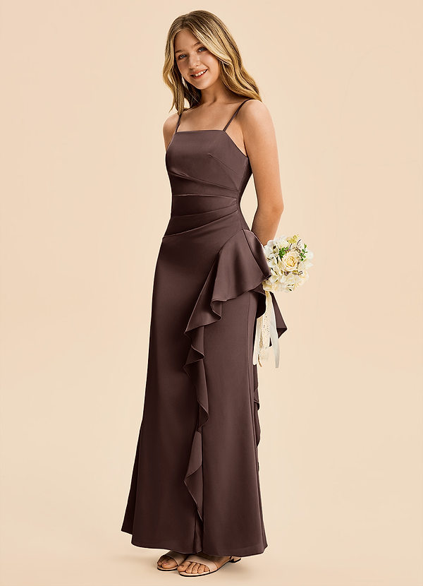 Azazie Lyla Junior Ganache Mermaid Pleated Stretch Satin Dress image1