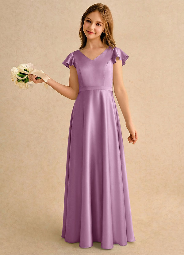 Azazie Nari Girls Formal Sukienki dla dziewczynek sypiących kwiaty Linia A z rękawami Satyna elastyczna Długość podłogi Sukienka image1