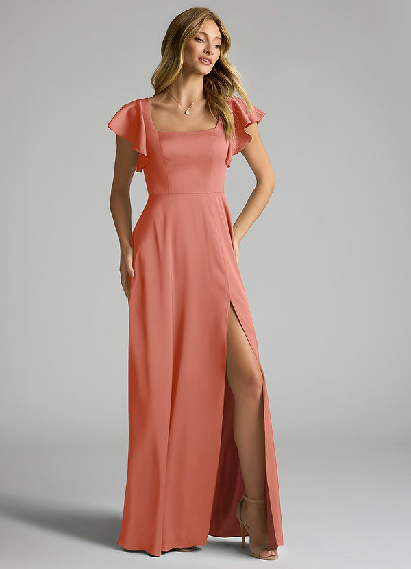 Azazie Bondi Bridesmaid Dresses Salmon Pink A-Line Bow Stretch Satin Dress image1