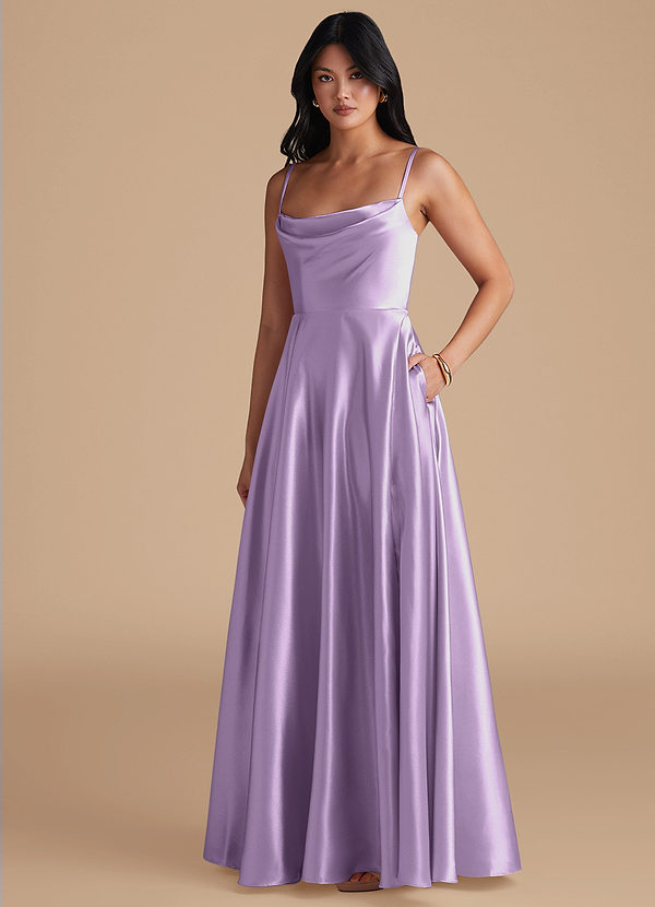 Azazie Elle Bridesmaid Dresses Lilac A-Line with Pockets Metallic Satin Dress image1