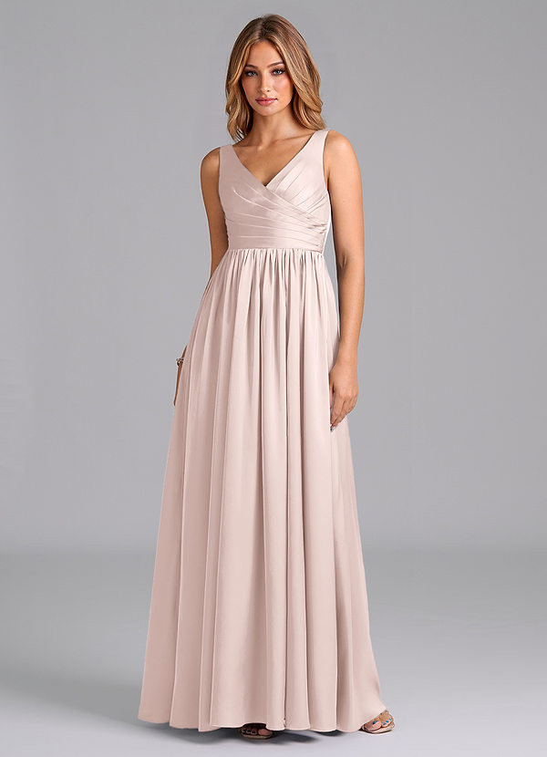 Azazie Keyla Bridesmaid Dresses Blushing Pink A-Line Pleated Stretch Satin Dress image1