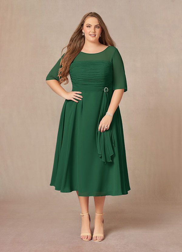 Azazie Naomi Mother of the Brides Dresses Dark Green A-Line Boatneck Pleated Chiffon Dress image1