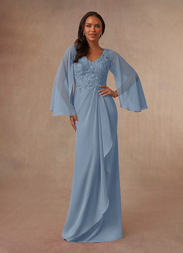 Azazie Perry Vestidos de Madre de la Novia Vestido de Azul Polvoriento de Gasa de Sirena con Encaje cuello pico image1