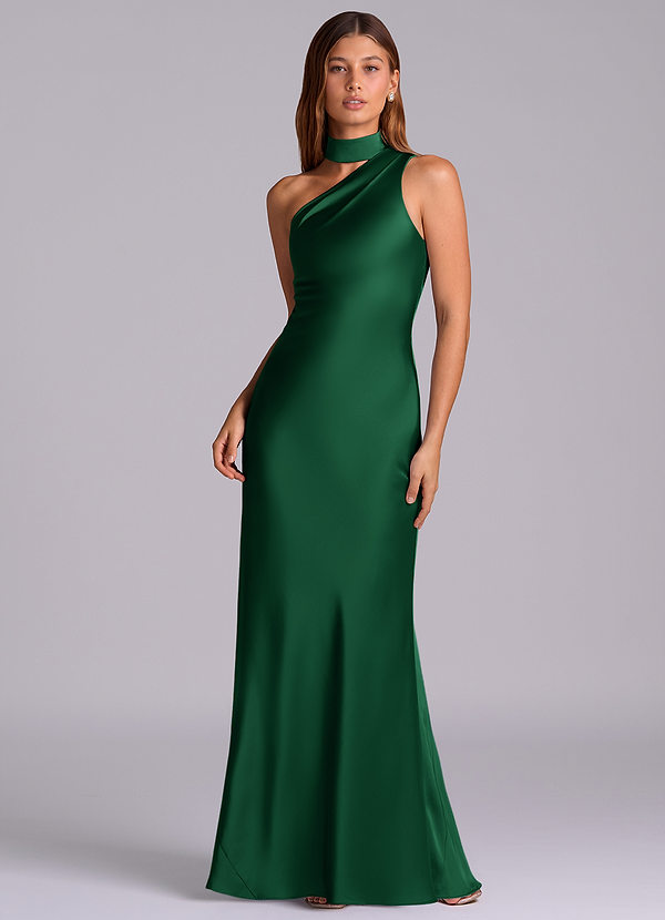 Azazie Seona Robes Demoiselle d'honneur Robe Sirène en Satin extensible Une épaule Vert Foncé image1