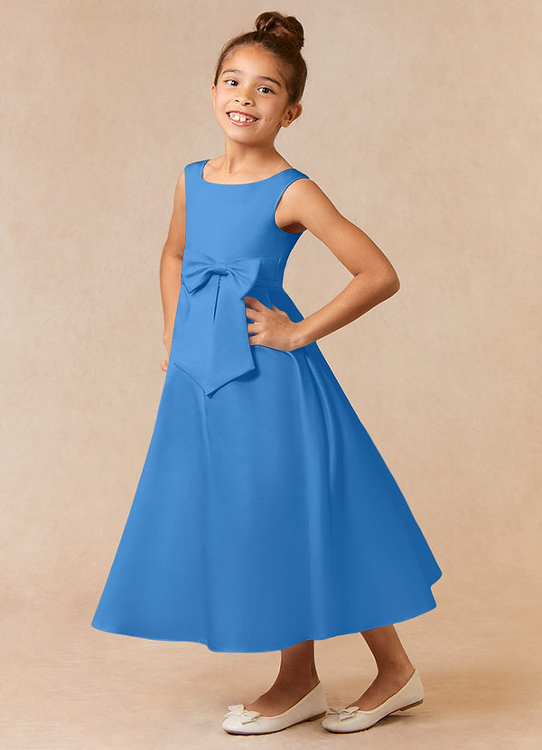 Azazie Lindy Flower Girl Dresses Blue Jay A-Line Pleated Matte Satin Dress image1