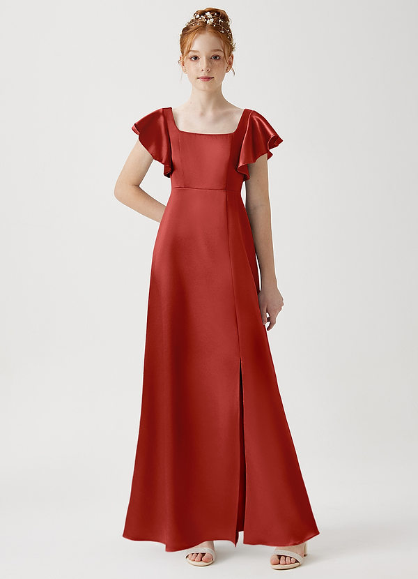 Azazie Bondi Junior Rust A-Line Side Slit Metallic Satin Dress image1